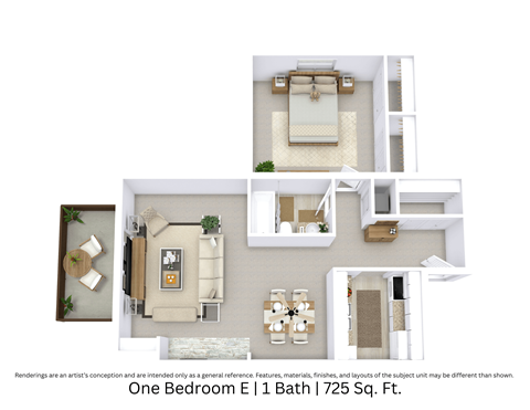 Floor plan for 1 bed, 1 bath, 725 sqft